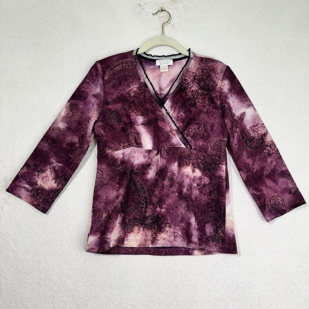 Christopher & Banks VTG Dark Purple V-Neck Blouse Romantic Whimsigoth Fairycore